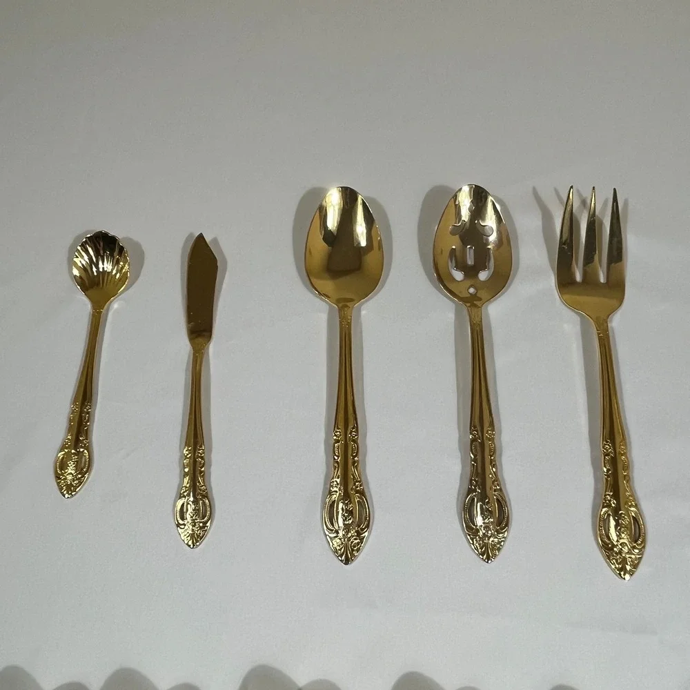 H.S. LTD Flatware Set Unisex 45pc Gold Ornate Floral Scroll Stainless Steel